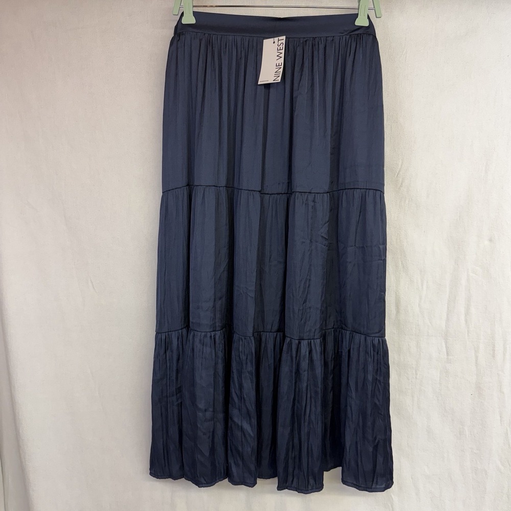 Navy Skirt Nine West Midi W/ Pockets Sz 0X (14) Ruffle Pull On Boho Western NWT